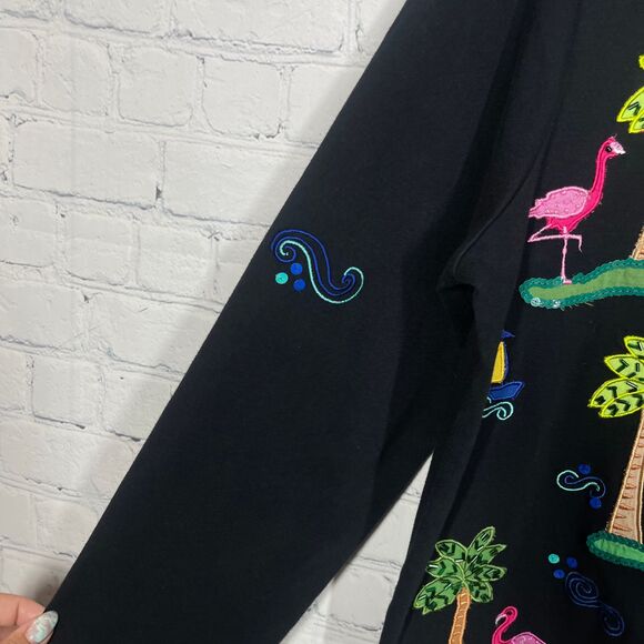 Michael Simon Cardigan Medium Black Beaded Palm Tree Flamingo Artsy Coastal - Picture 9 of 15